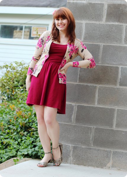 Red fit and flare mini dress with floral blush jacket