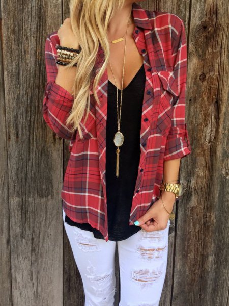 Red flannel shirt with a boho style necklace and boyfriend jeans