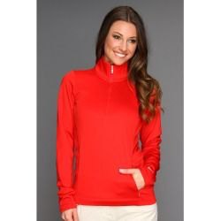 Red golf half sleeve half zip sweater jacket and white jeans