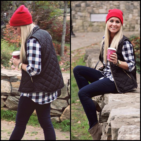 Red knit hat with plaid shirt and dark blue jeans