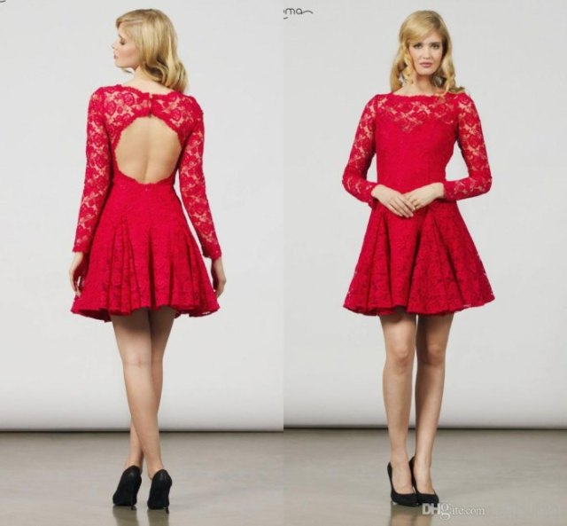 Long sleeve pleated skater dress with red lace neckline and open back