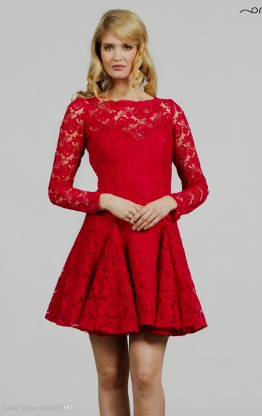 Red long-sleeved flared dress with lace