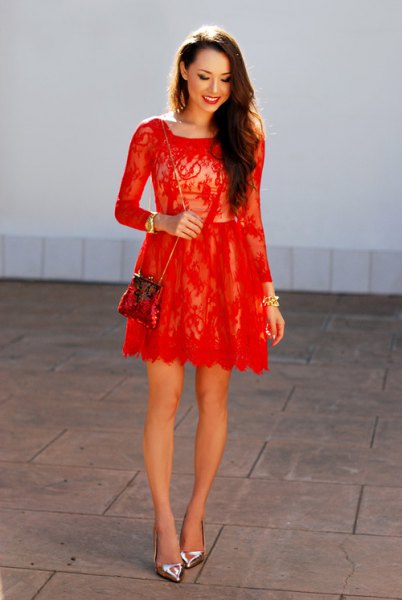 Red lace long sleeve flared mini dress