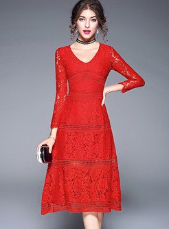Red lace long sleeve flared midi dress with choker