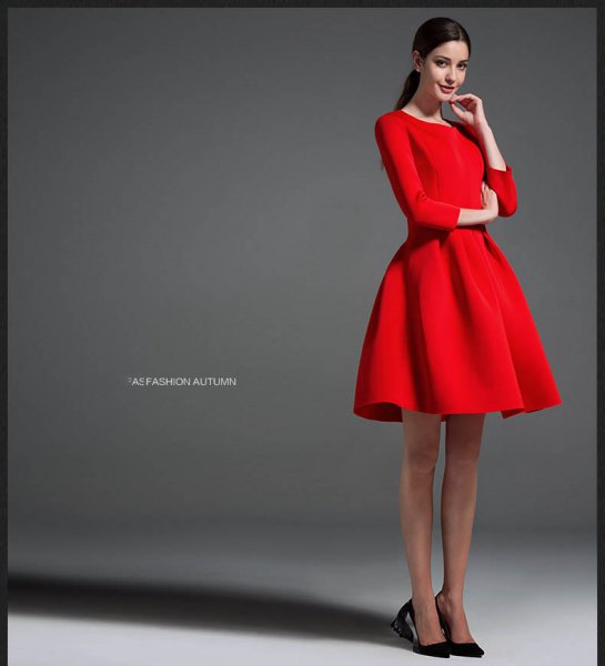 Red long sleeve flared mini dress with black ballet flats