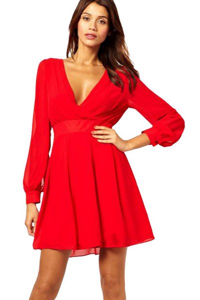 Red long sleeve V-neck flared mini dress