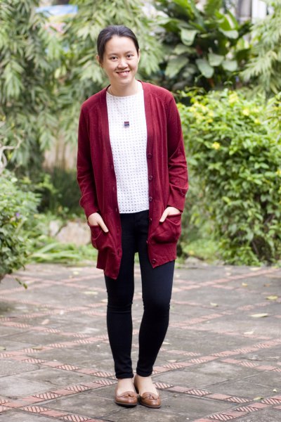 Red, long cardigan sweater with white and black dotted top