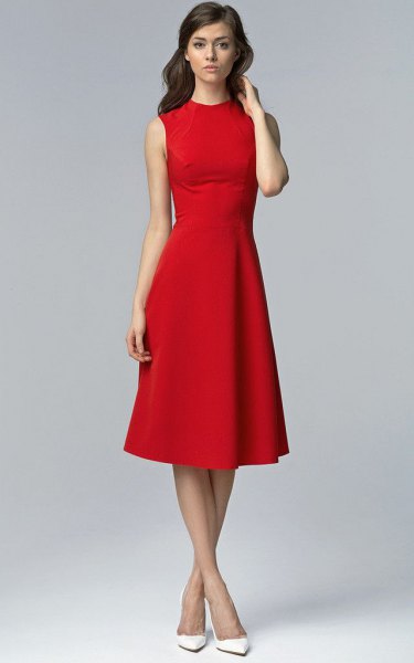 Red sleeveless high neck flared midi dress with white heels