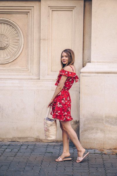 Red floral print off the shoulder flared mini dress with metallic
slippers