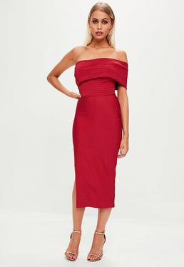 Red strapless midi dress with slit
