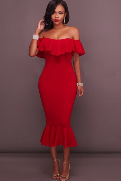Red off shoulder mermaid style midi dress with ruffle neckline