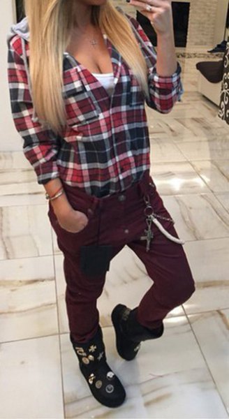 Red checked boyfriend shirt with black fleece pants