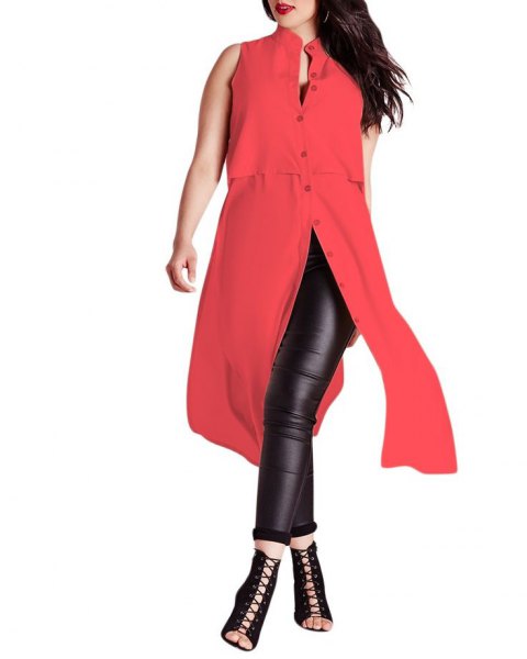 Red sleeveless extra long tunic top with buttons and black leather leggings
