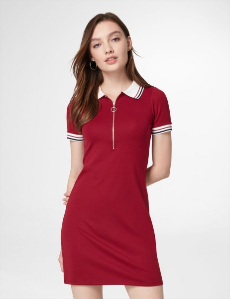 Red slim fit polo shirt dress with white collar
