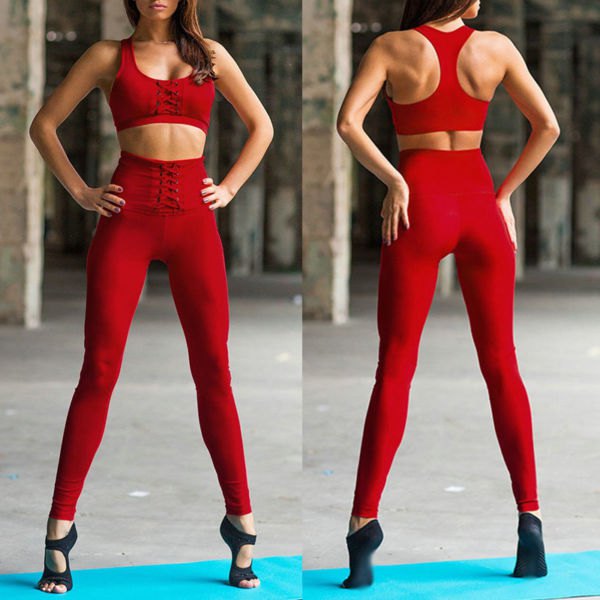 Red sports bra top with matching high waisted lace up training leggings