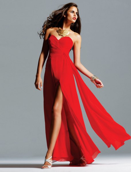 Red flowy maxi dress with sweetheart neckline