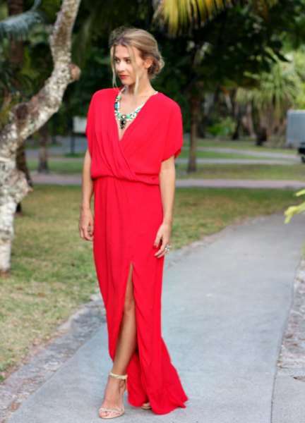 Red V-neck short sleeve slit wrap dress with boho necklace