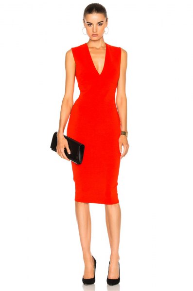 Red V-neck sleeveless midi dress with black leather clutch