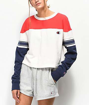 Red, white and navy color block sweatshirt with gray sweat shorts
