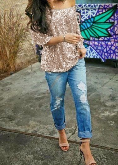 One shoulder blouse with rose gold sequins and boyfriend jeans