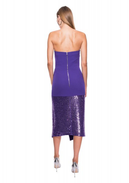 Royal blue and purple sequin midi dress with metallic heels