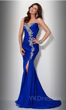 Royal blue and silver mermaid dress with sweetheart neckline and high slit