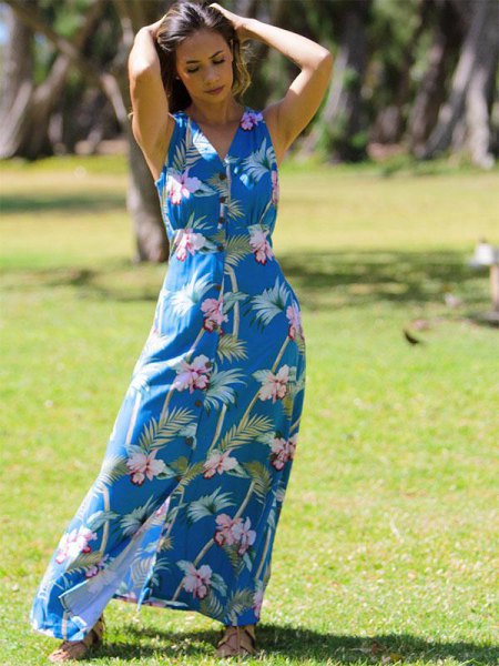 Royal blue and white Hawaiian print maxi dress