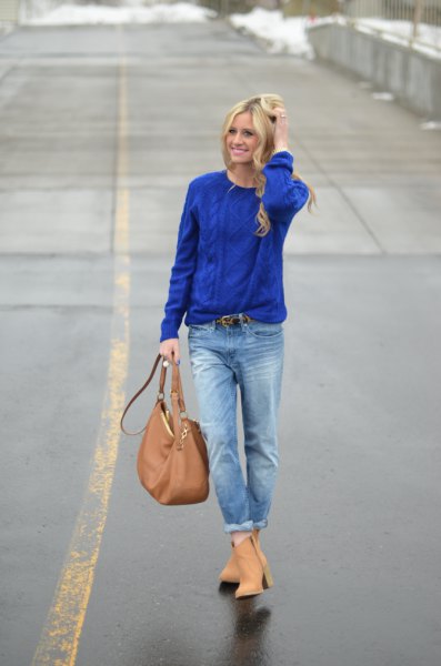 Royal blue cable knit sweater with cuffed boyfriend jeans
