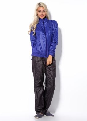 Royal blue jacket with black nylon jogging pants
