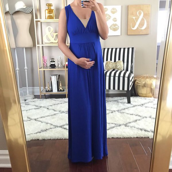 Royal blue maxi jersey dress with a low-cut bodice in soft pink