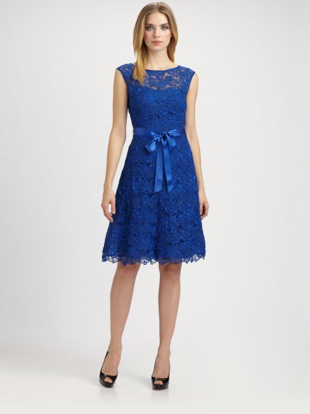 Royal blue sleeveless knee length dress with tie waist and open toe heels