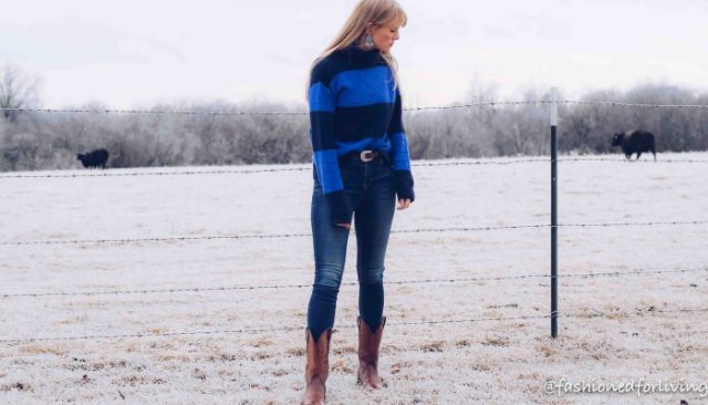 Royal blue striped sweater with brown suede mid-calf square toe boots