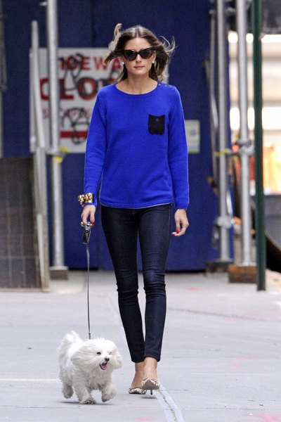 Royal blue sweater with dark blue ankle skinny jeans