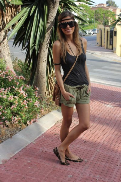 Scoop neck tank top and green mini shorts