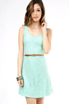 Seafoam green lace mini dress with belt