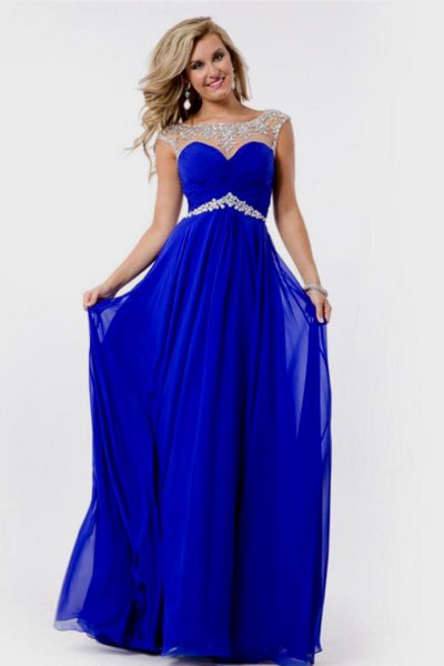 Semi-sheer blue belted long chiffon dress