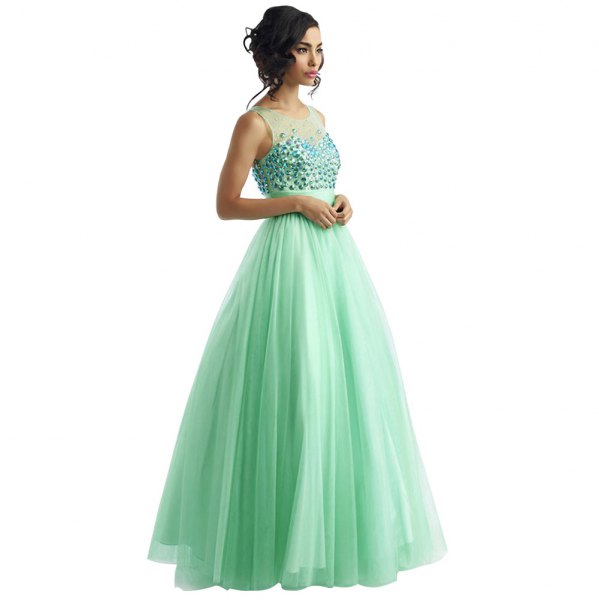 Semi-transparent, mint green, floor-length ball gown with a flared cut