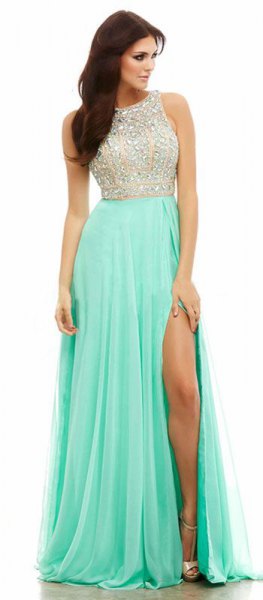 Two-tone sequin and chiffon prom dress with high slit