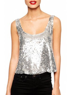 A sequin scoop neck tank top and black skinny jeans
