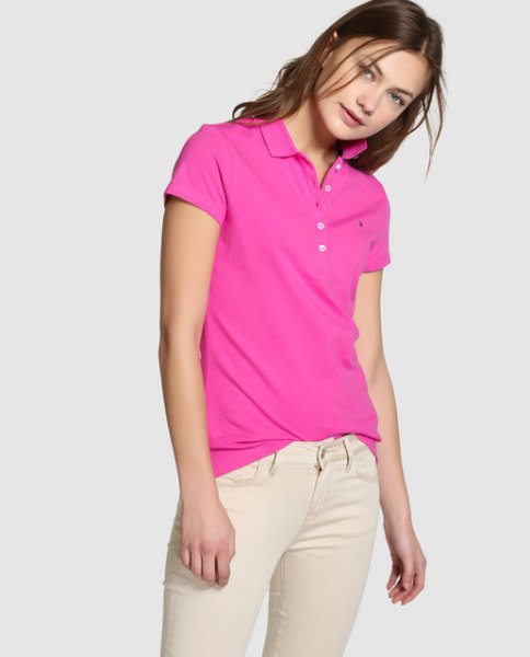 flashy pink polo shirt with ivory skinny jeans