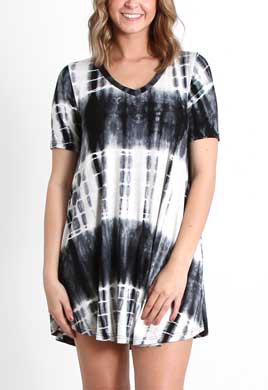 Black and white tie-dye print short sleeve swing mini dress