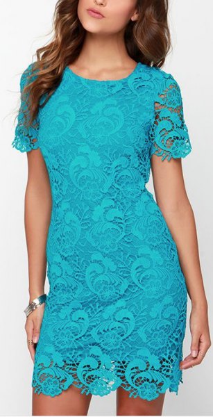 Short sleeve bodycon lace mini dress in aqua blue