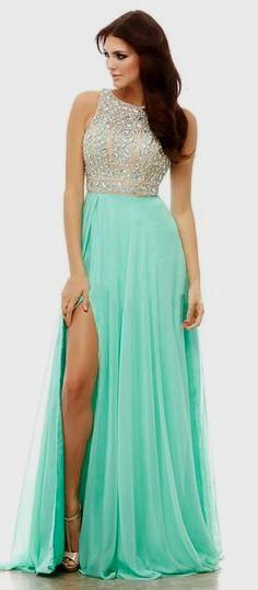 Silver and mint green pleated chiffon prom dress with side slit
