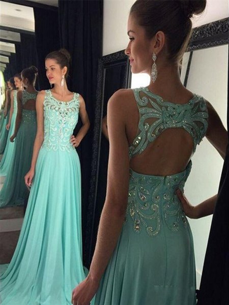 Sleeveless, floor-length ball gown with open back in silver and mint green