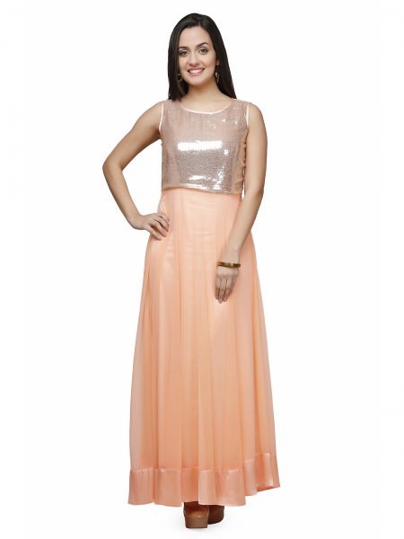 Two tone silver and peach shiny long maxi dress
