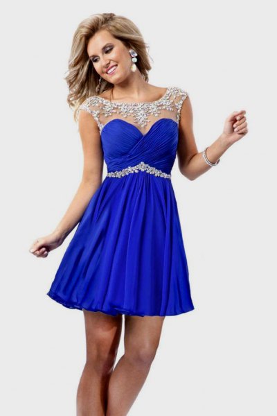 Silver and royal blue belted fit and flare mini dress