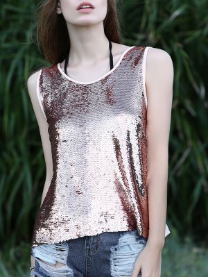 Silver sequin scoop neck tank top with heavily ripped jeans