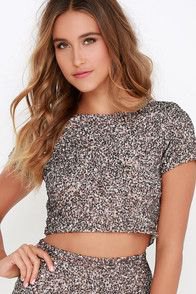 Cropped t-shirt with silver sequins and matching high-rise mini skirt