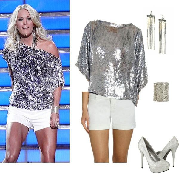 Metallic one shoulder shirt with silver sequins and white mini shorts