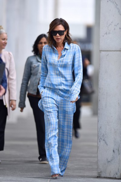sky blue and white checked pajama shirt with matching pants